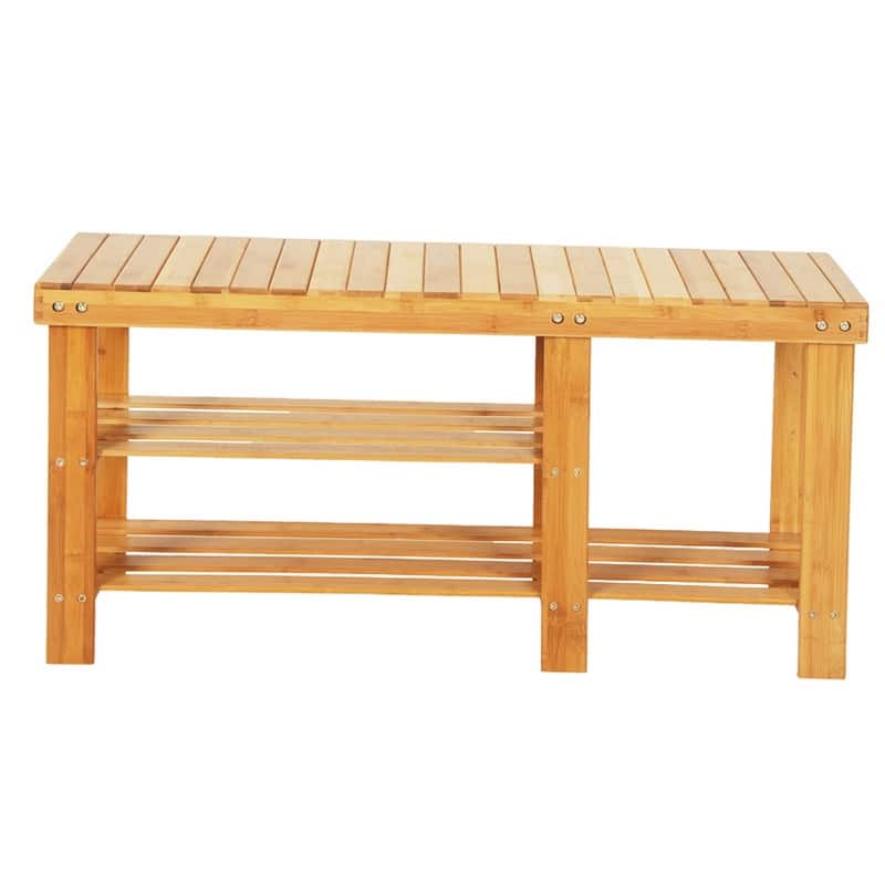 Bamboo Shoe Rack Bench 3-Tier Entryway Storage Organizer Shelf with Seat for Boots - Wood Color