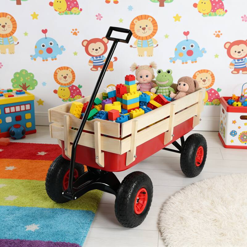 outdoor sport wagon tools cart wooden side panels air tires Wagon (red)
