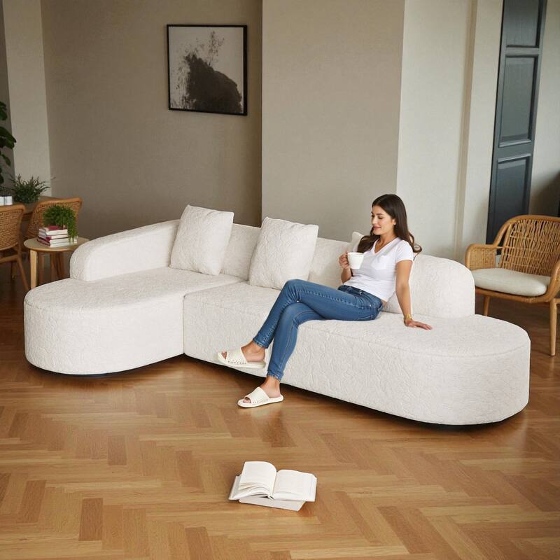 111.8" Modern Curved Modular Sectional Sofa Upholstered in Lychee-Textured Long-Pile Polyester with 3 Pillows for Living Room