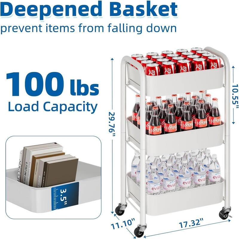 3 Tier Rolling Metal Storage Organizer Mobile Utility Cart Kitchen - 11.14"D x 17.32"W x 29.72"H