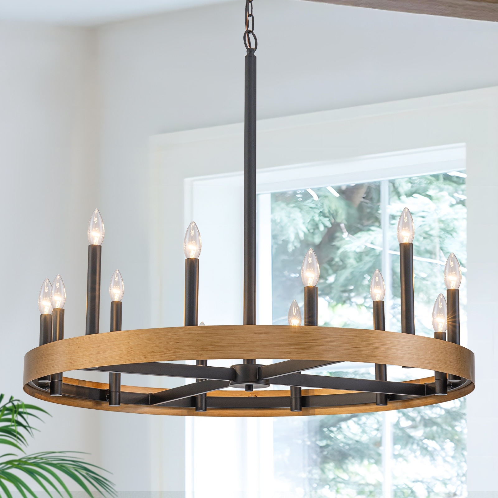 Black and Gold Metal Ring Chandelier Candle Pendant Light