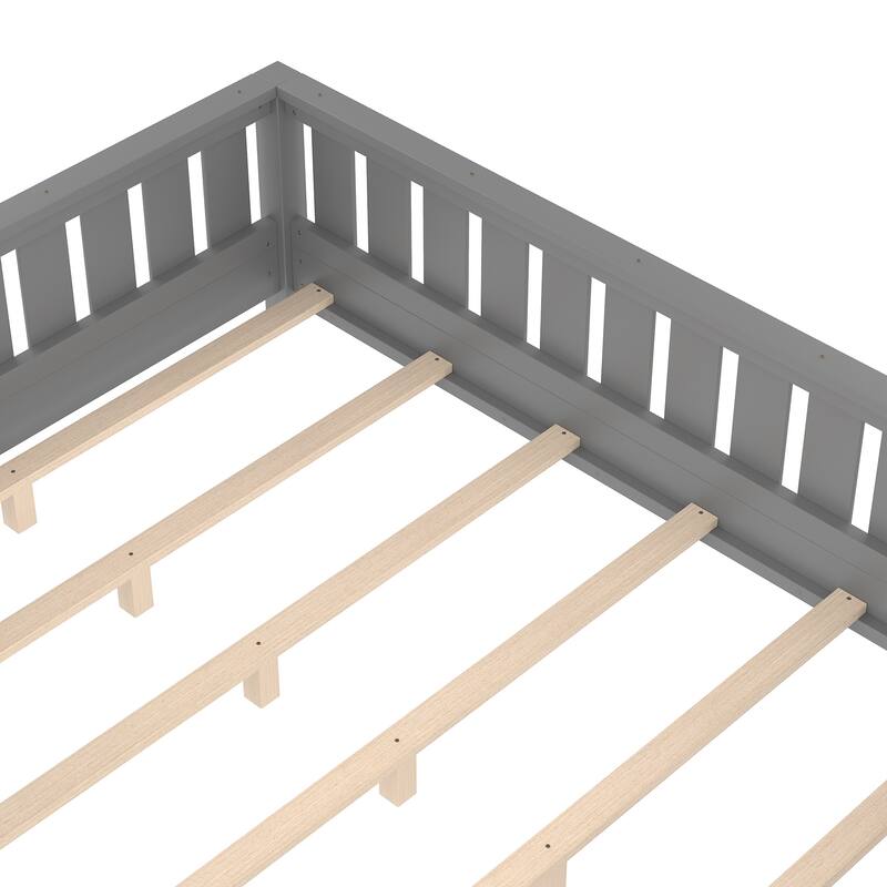 Montessori Floor Bed Low Profile Kids Bed with Rails & Bookshelf