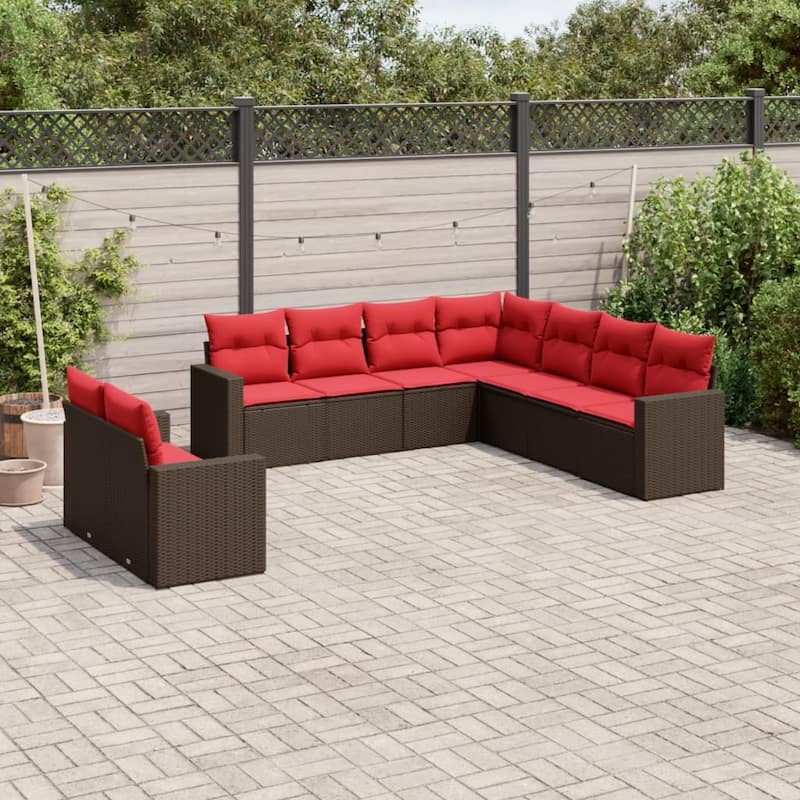 vidaXL Patio Sofa Set with Cushions Outdoor Conversation Furniture Poly Rattan - 25.8" x 24.4" x 27.2" - Brown and red without table