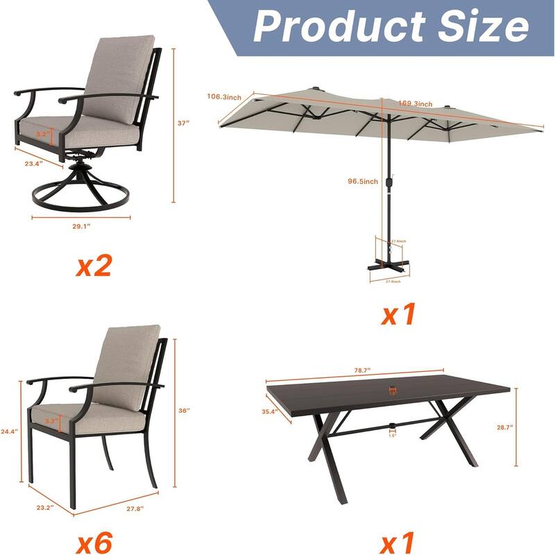 Kullavik 10 Pieces Outdoor Dining Set with 2 Swivel Chairs, 6 Single Chairs, X-Leg Table and Double-Sided Umbrella