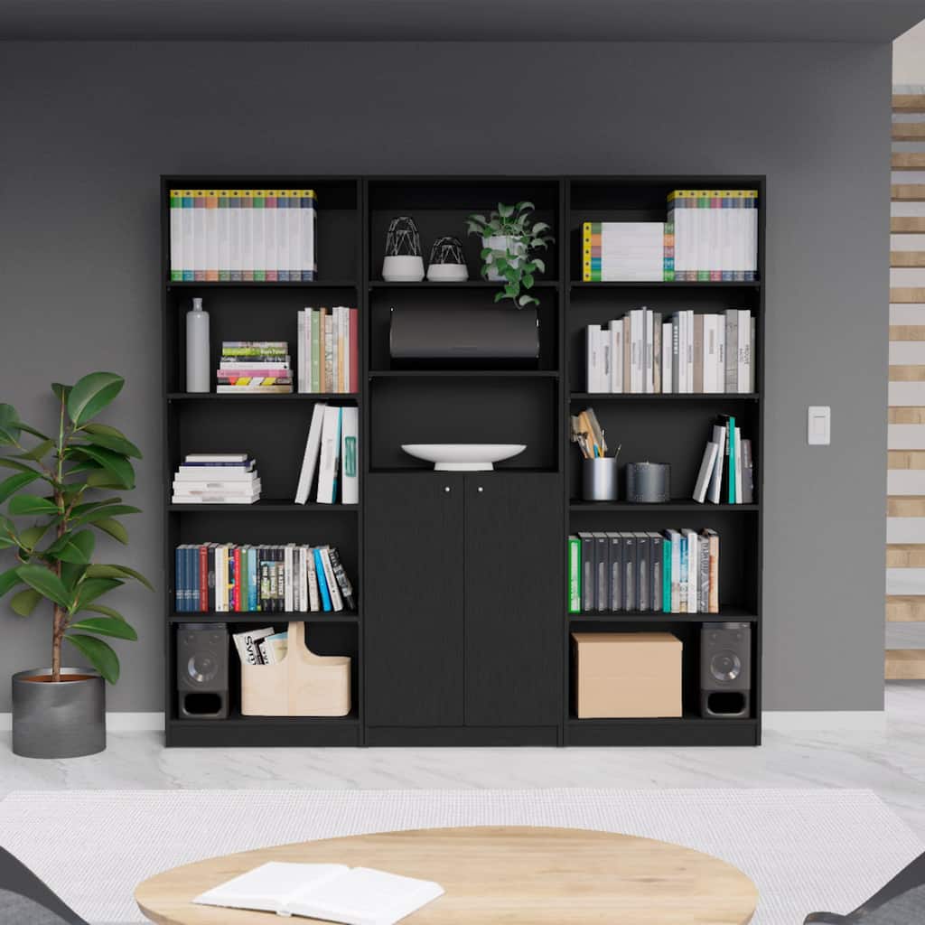 FM FURNITURE Bayard 3 Piece Living Room Set 2 with Sutton 4 Shelves Bookcase + Sutton 2-Door Bookcase, Black