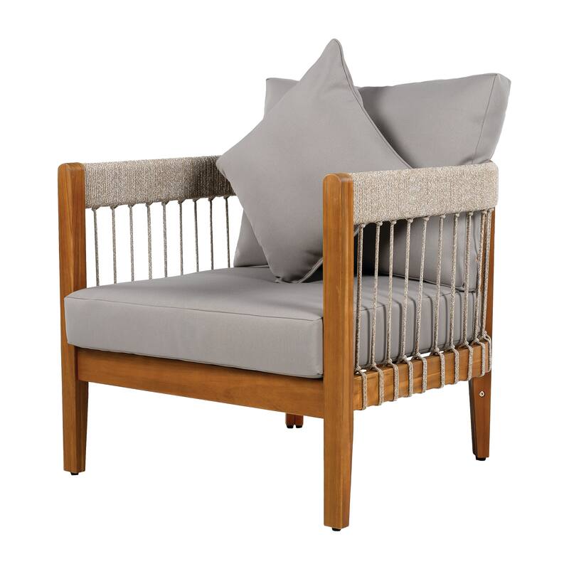 Acacia Wood Outdoor Club Chair with Handwoven Rope Accents & Curved Backrest - Water-Resistant Boho Patio Lounge Chair