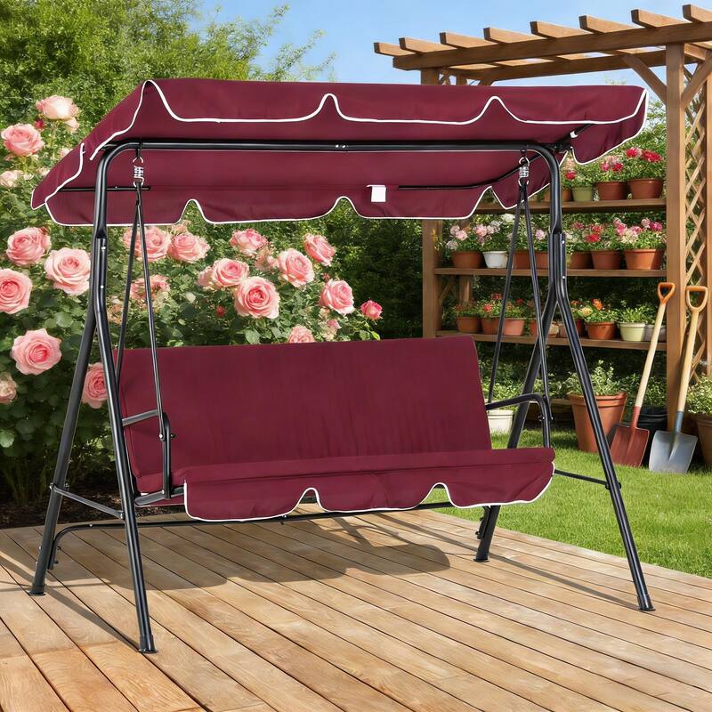 GDFStudio Outdoor Kael Steel Swing Bench with Adjustable Canopy and Cushions for Three
