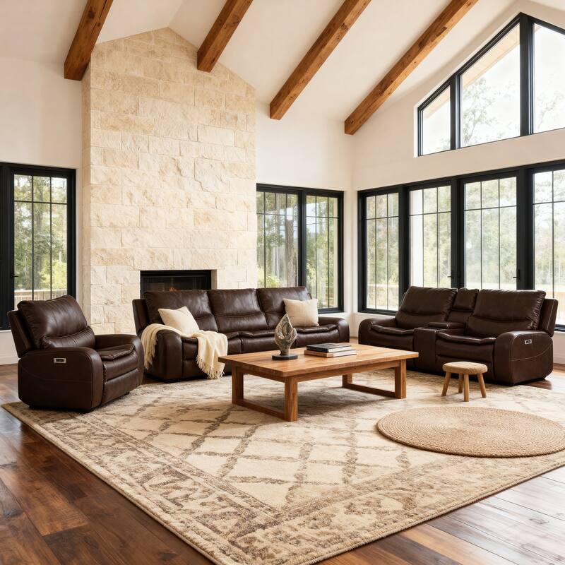 3-Piece Faux Leather Sofa Set with Double Width Seat, Power Recliner, Loveseat & Sofa, Wireless charging and Reading Lamp