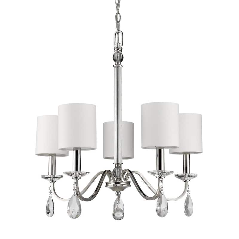 HomeRoots Silver Candle Style Five Light Metal and Crystals Dimmable Chandelier With White Shades - 23' X '23.75' X '23