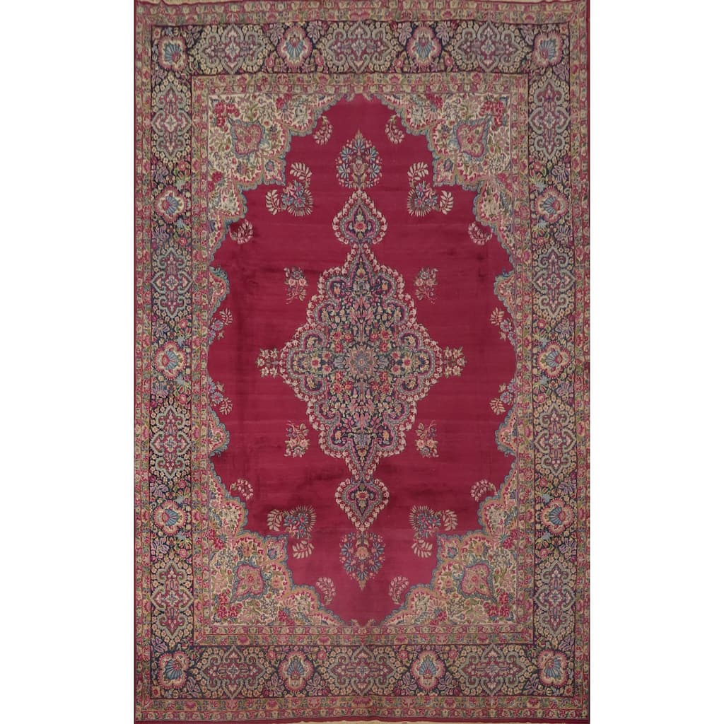Hand Knotted Oriental 100% Wool Carpet Traditional Floral Pink Kerman Area Rug - 13' 10'' X 9' 9''