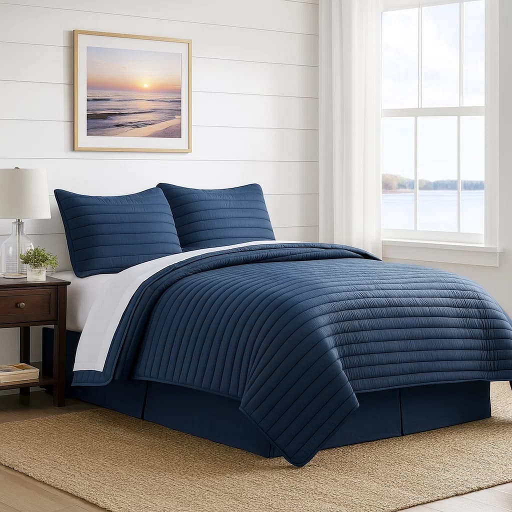 Cabe 3 Piece Queen Comforter Set, Polyester Puffer Channel Quilt, Navy Blue - 7'6" x 9'6"