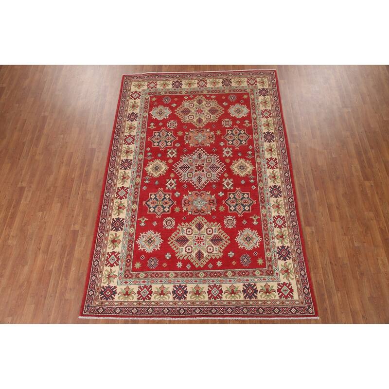 Hand Knotted Oriental 100% Wool Carpet Traditional Geometric Red Kazak Area Rug - 9' 10'' X 6' 6''