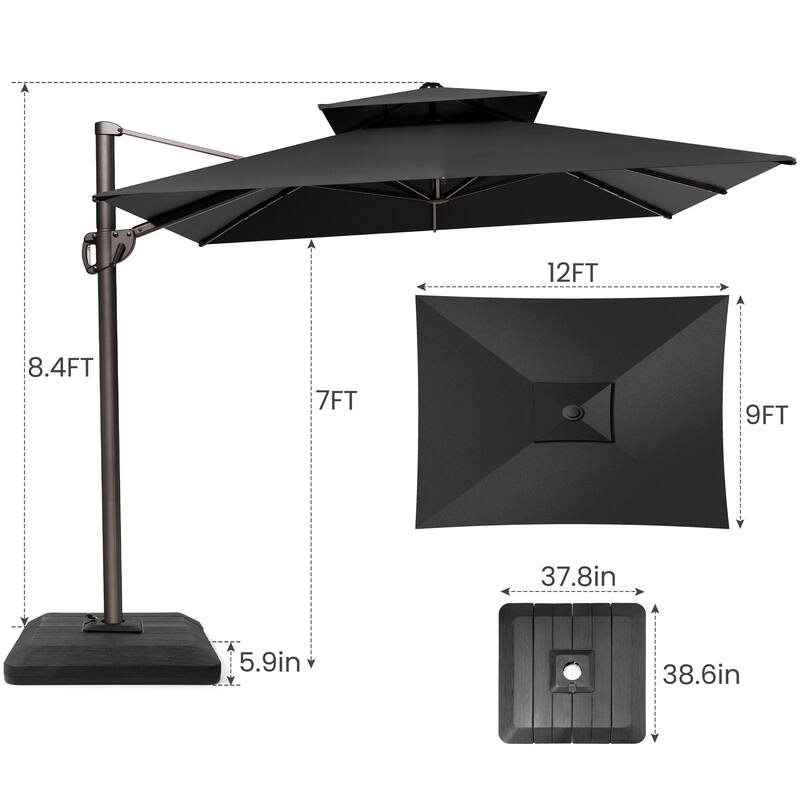 9 x 12 ft Double Top Patio Cantilever Umbrella with Base, 360-degree Rotation