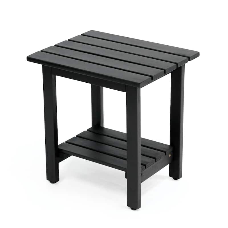 Kellie 16.1" Slatted Solid Acacia Wood Indoor/Outdoor Side Table with Shelf, By JONATHAN Y - Black
