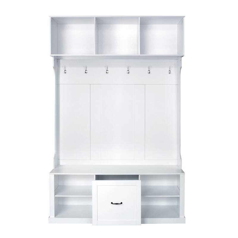Multifunctional 57'' Hall Tree with 6 Hooks, Coat Hanger, Entryway Bench, 3-in-1 Design, and Spacious Drawer