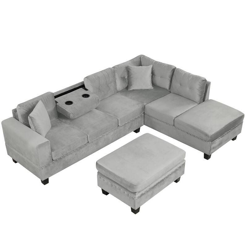 105.1" Velvet L-Shaped Sectional Sofa with Reversible Chaise, Storage Ottoman and Cup Holders