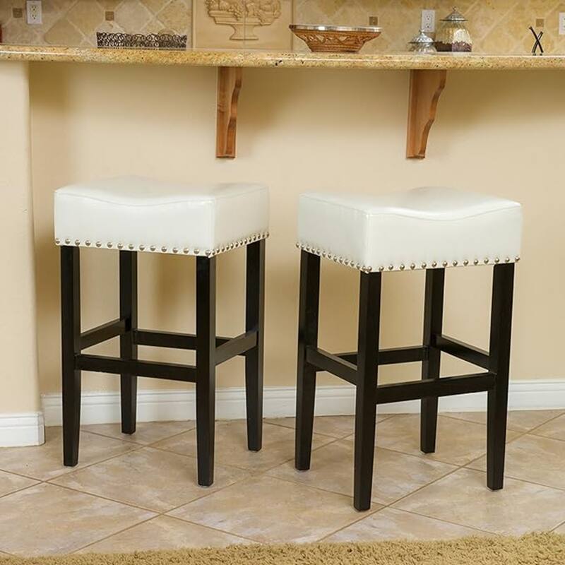 Roomfitters 30'' Backless Leather Counter Stools, Set of 2 Upholstered Bar Height Chairs with Wood Frame, Ivory - Ivory