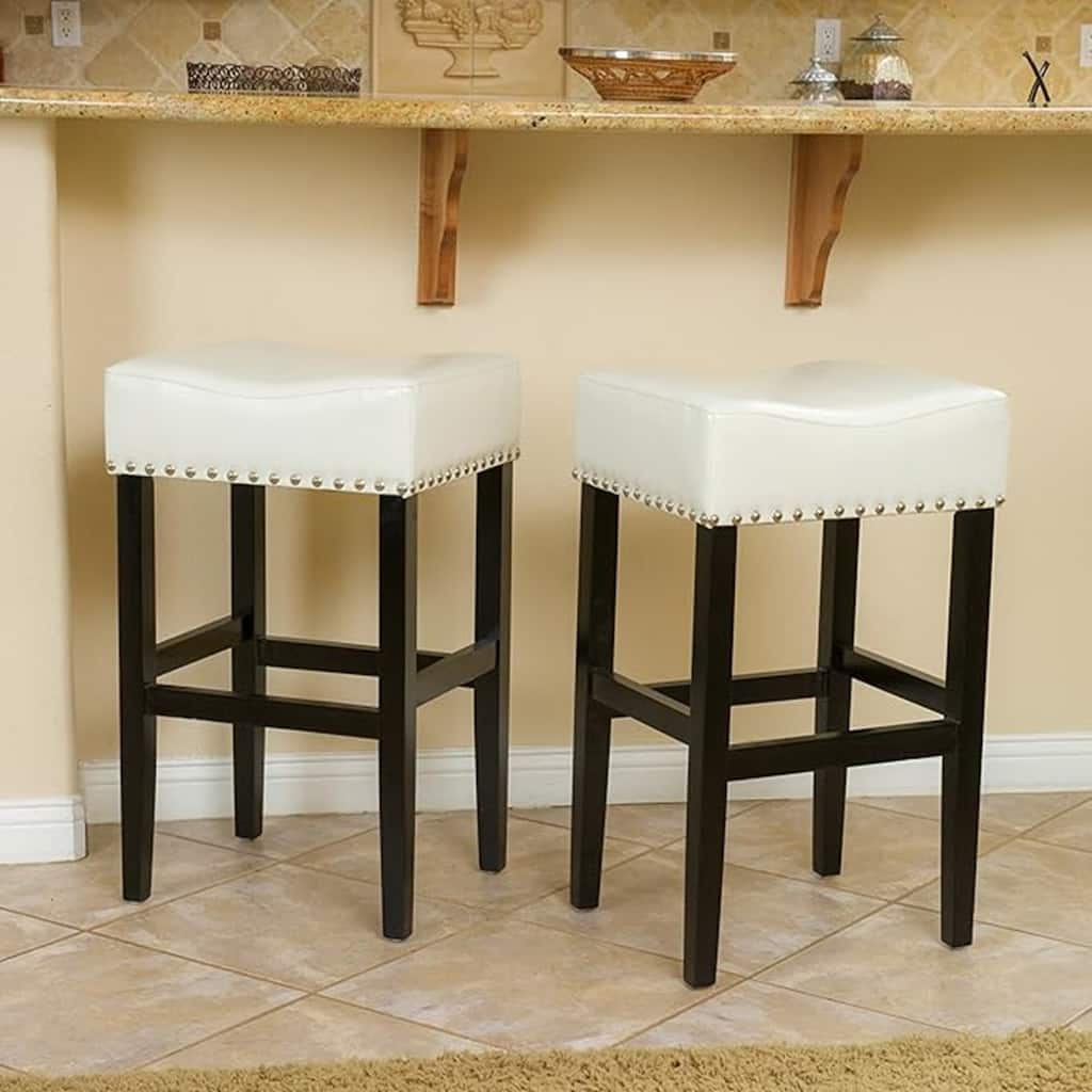Roomfitters 30'' Backless Leather Counter Stools, Set of 2 Upholstered Bar Height Chairs with Wood Frame, Ivory