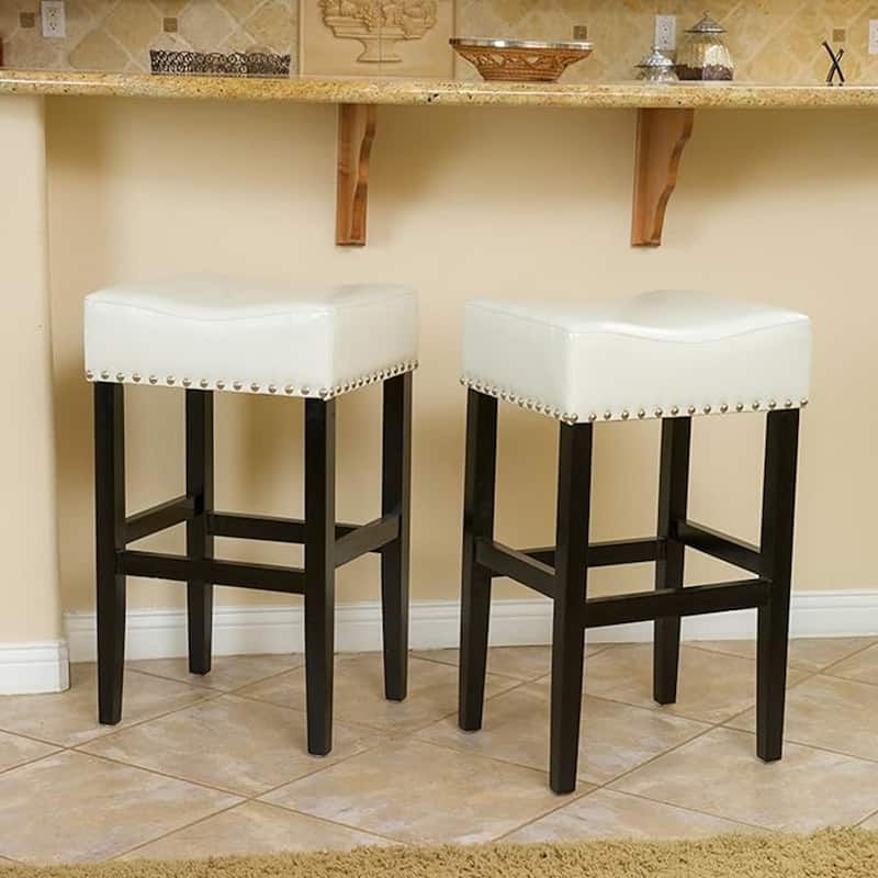 Set of 2 Backless Faux Leather Counter Bar Stools with Nailhead Trim - Ivory