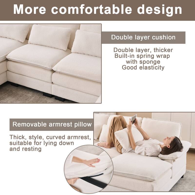 U Shape Cloud Couch 111.8",4-seat Velvet Fabric Upholstered Sofas with Chaise Lounge & Pillows