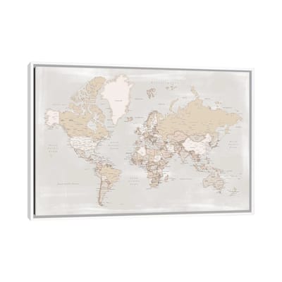 iCanvas "Rustic Distressed Detailed World Map With Cities, Lucille" by blursbyai Framed Canvas Print