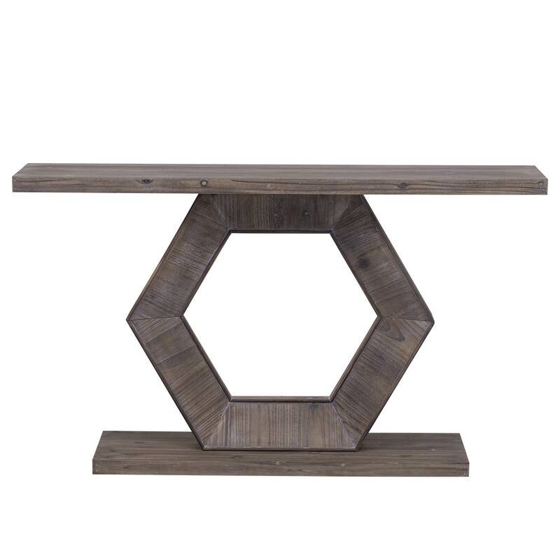 Modern Console Table with Hollow Hexagon Base, 55.1 Inch Wooden Entryway Table Sofa Table with Premium Fir Veneer Finish - Natural Wood