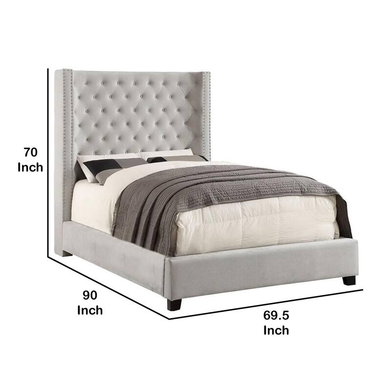 Rozy Queen Bed w Wingback Tall Headboard, Nailhead Trim, Ivory Upholstery