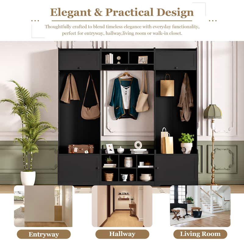 79.1" Wide Modern Hall Tree with Shoe Storage, 8 Cubbies & 7 Coat Hooks - Entryway Bench with Adjustable Shelf