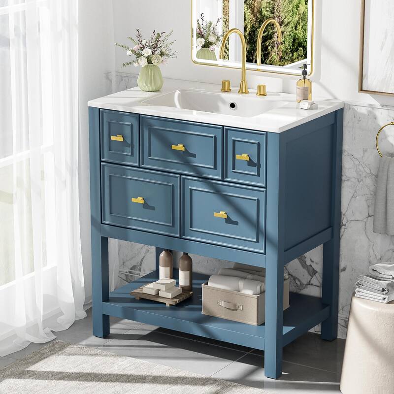 Retro Carved Pattern Vanity for Bathroom Single Sink Storage Cabinet with 5 Drawers, 1 Open Shelf and Gold Metal Handles