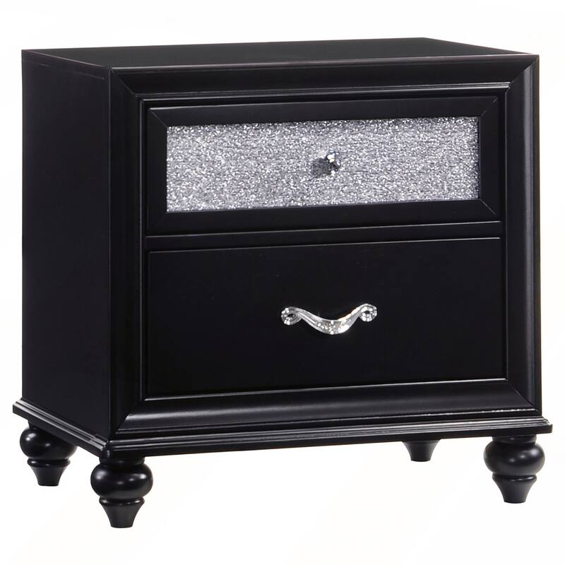 Black 2-Drawer Nightstand with Glossy Metallic Acrylic Fronts and Faceted Crystal Hardware