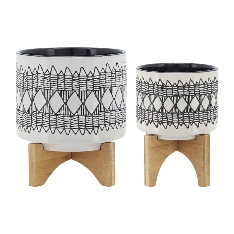 Sagebrook Home Abstract Ceramic Planter on Stand Indoor/Outdoor - 7.75"x7.75"x10.5" - Set of 2 Gray