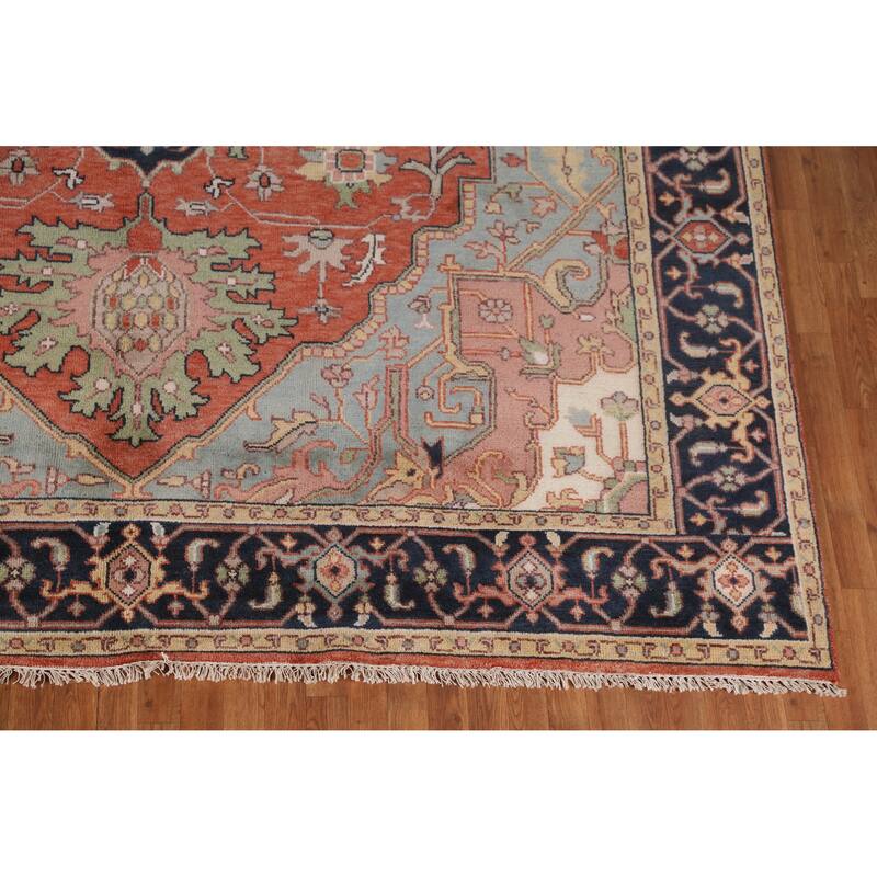 Geometric Heriz Serapi Area Rug Hand-Knotted Orange Wool Carpet - 9'11" x 13'3"