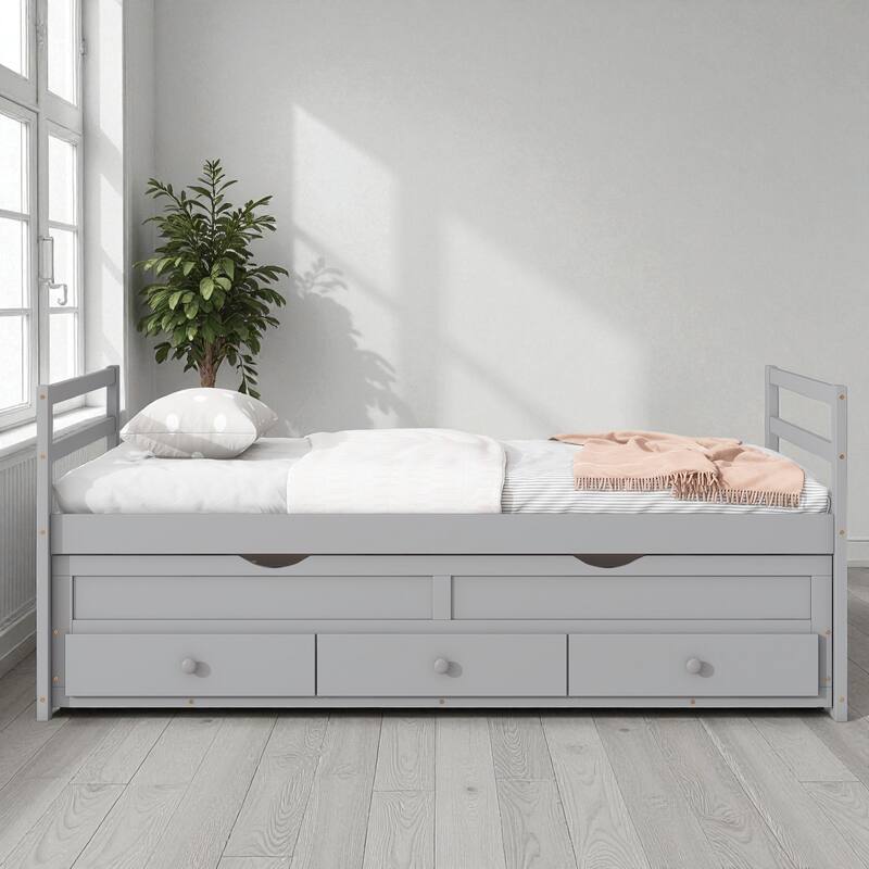 Twin Size Bed with Headboard, Footboard, Trundle, and Three Storage Drawers, Solid Pine Wood Twin Bed Frame with Storage