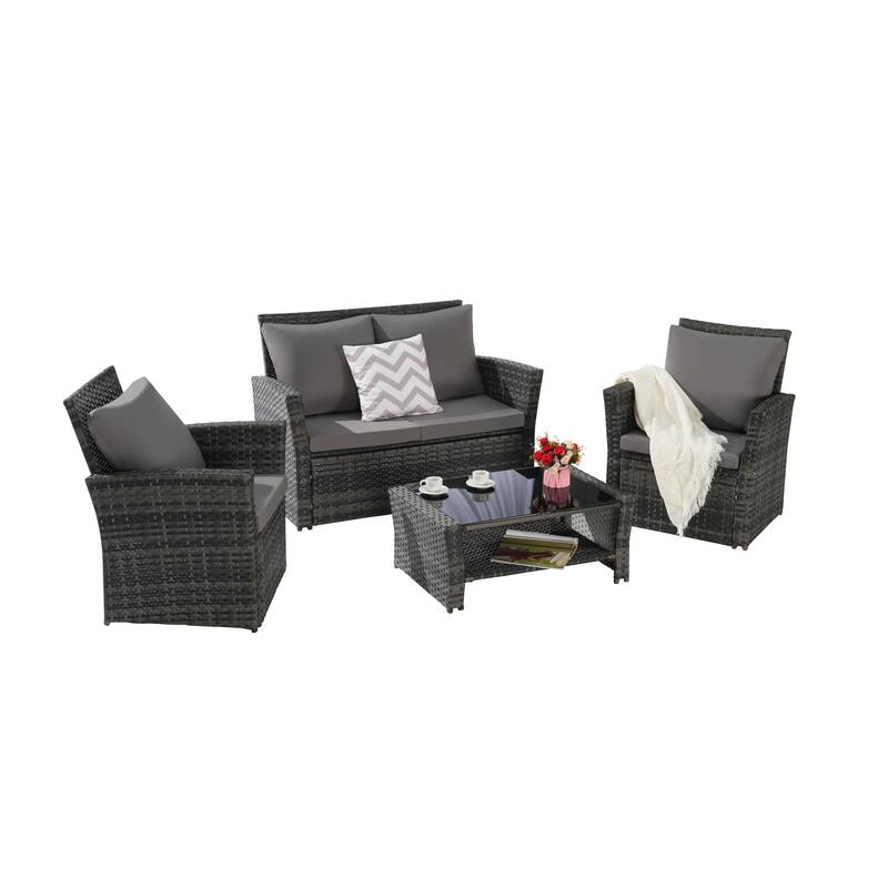 4 Piece Outdoor Rattan Conversation Furniture Sets, All Weather Patio Wicker Chair Set with Tempered Glass Coffee Table