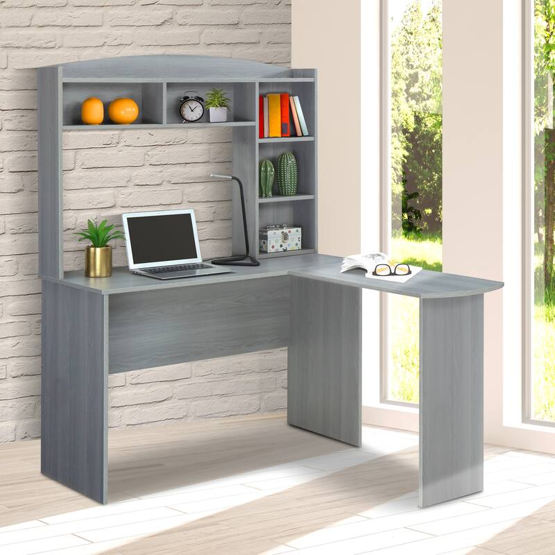 Modern L-Shaped Desk with Hutch - Gray