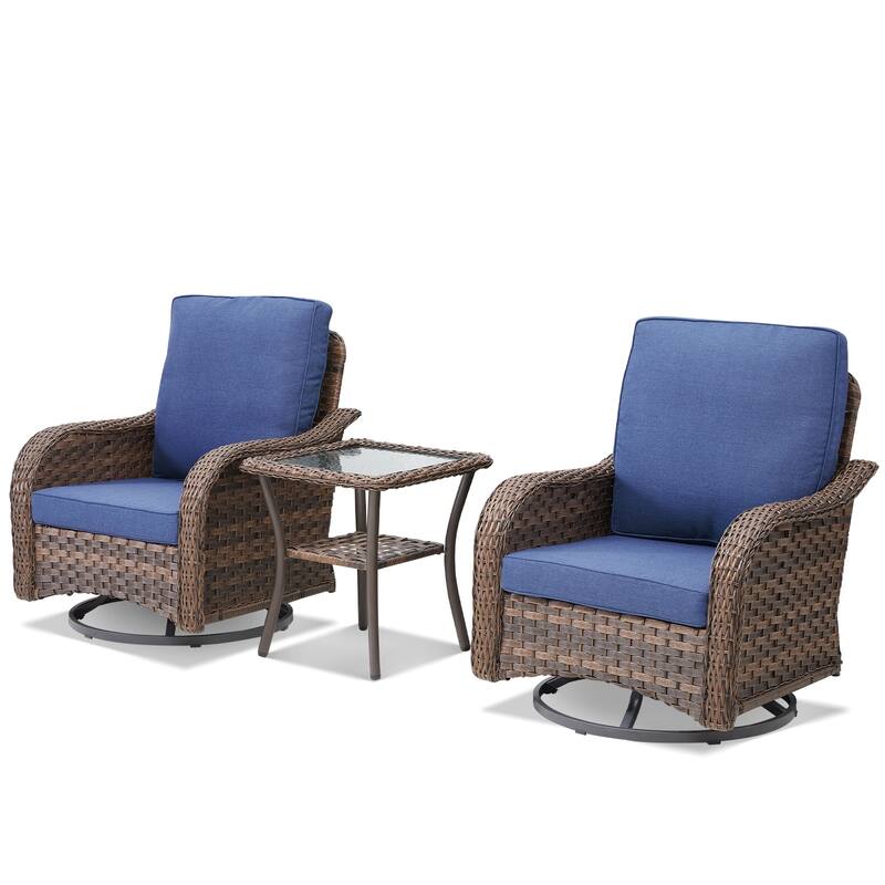 Cavira 3-Piece Brown Wicker Outdoor Patio Swivel Glider Chairs with Side Table