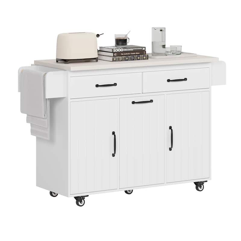 Rolling Kitchen Island with Trash Can Storage Cabinet, Kitchen Cart with Drop Leaf, Spice Rack, Towel Rack and Drawer