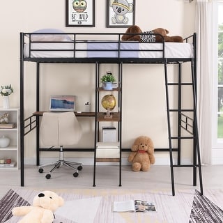 Twin Size Metal Loft Bed And Built-In Desk And Shelves