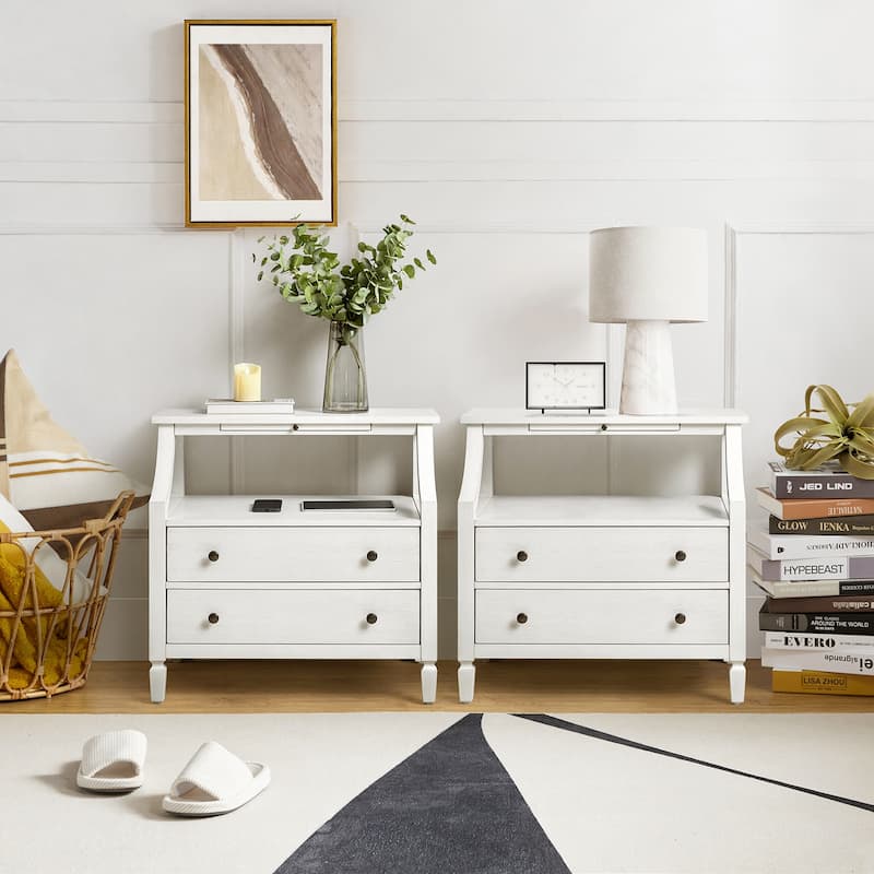 Jennifer 2 - Drawer Nightstand with Built-In Outlets and Pull-out Tray Set of 2 by HULALA HOME - White