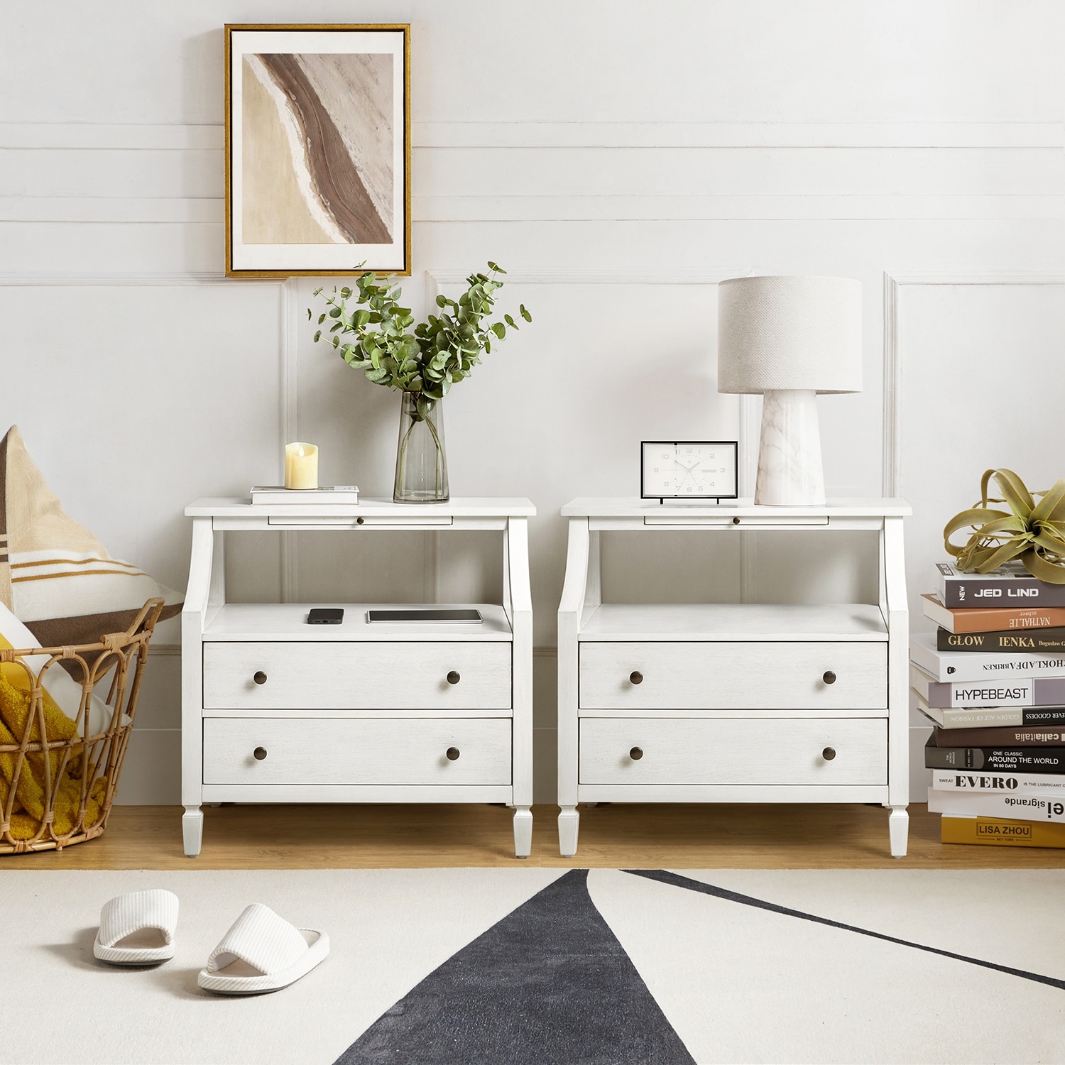 HULALA HOME Jennifer 2 - Drawer End Table with Built-In Outlets and Pull-out Tray Set of 2