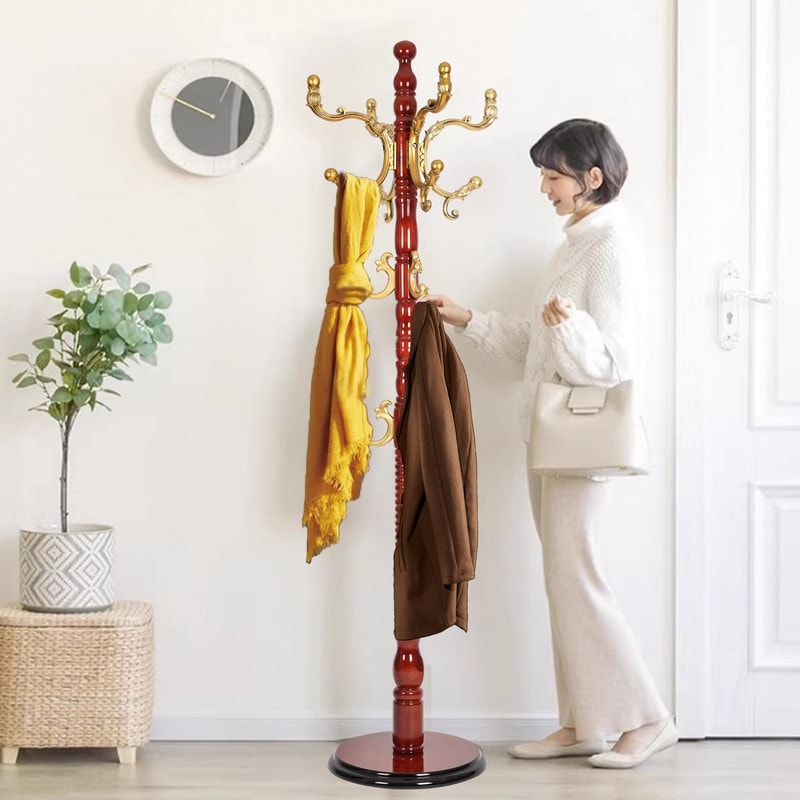 Wooden Coat Rack Freestanding Hall Tree Hanger With 14 Resin Hooks Sturdy and Easy Assembly Heavy Duty Coat Rack Mahogany color