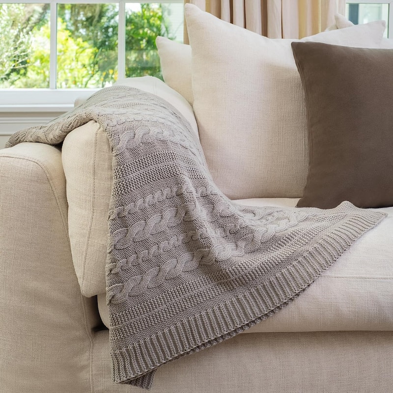 Delara Organic Cotton Throw Blanket 50x70 inches, GOTS Certified Cable Knitted Throws Blanket for Sofa Couch Bed, Baby Nursery