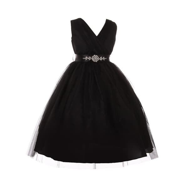 Shop Girls Black Rhinestone Satin Sash V Neck Tulle Junior