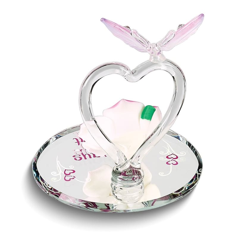 Curata Always in My Heart Butterfly and Pink Rose Handcrafted Glass Figurine