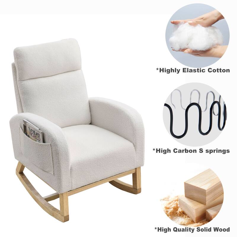 High Backrest Rocking Chair with Rubber Wood Base and Two Side Pocket