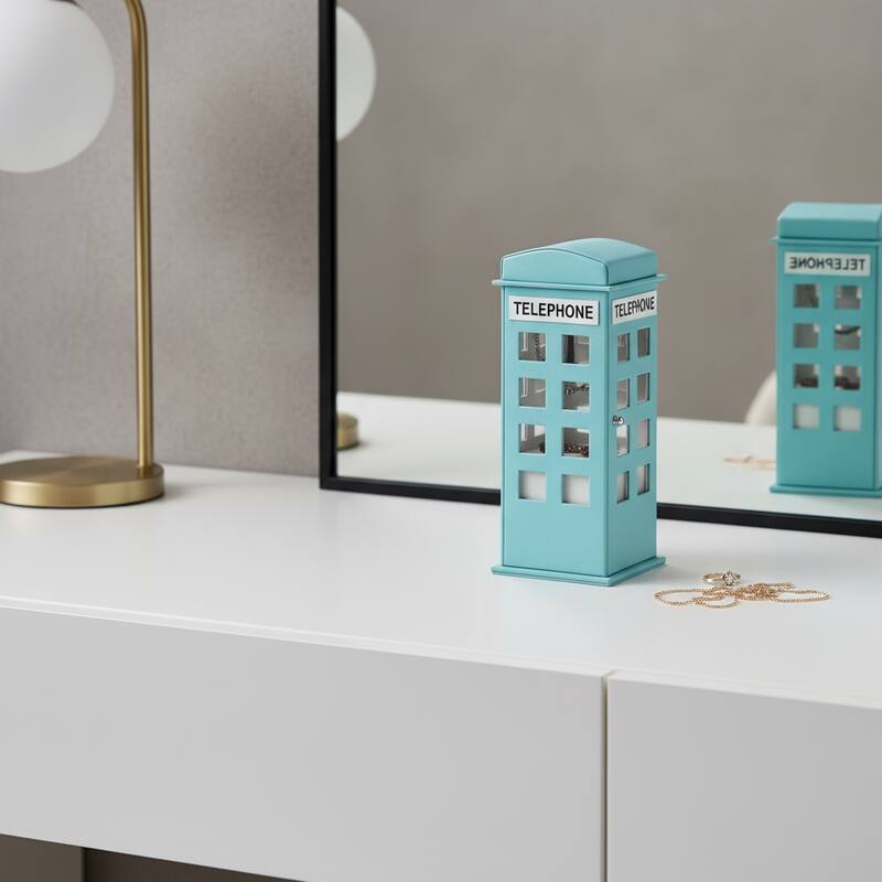 12" Burgundy And White Faux Leather Telephone Booth Jewelry Box - White/Aqua