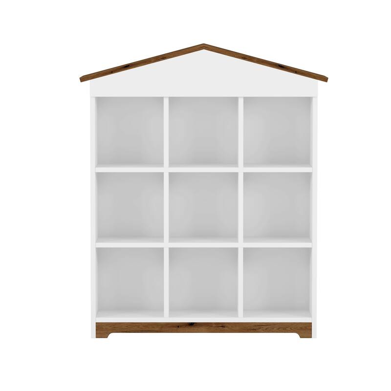 House shaped Storage Rack with Nine Storage Compartments,Three layer Bookshelf with Colorblock Design