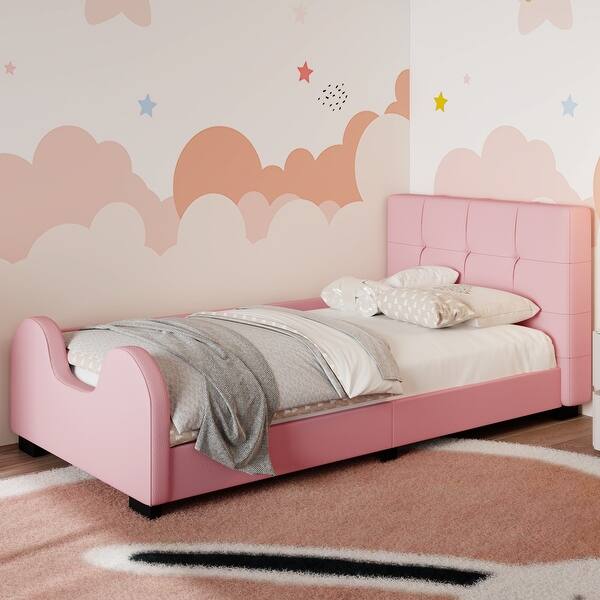 slide 2 of 17, Upholstered Twin Size Platform Bed With Guardrail for Home Pink