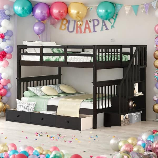 slide 2 of 32, Modern Full Over Full Bunk Bed With Drawer,Storage and Guard Rail For Bedroom,Dorm,Kids Espresso