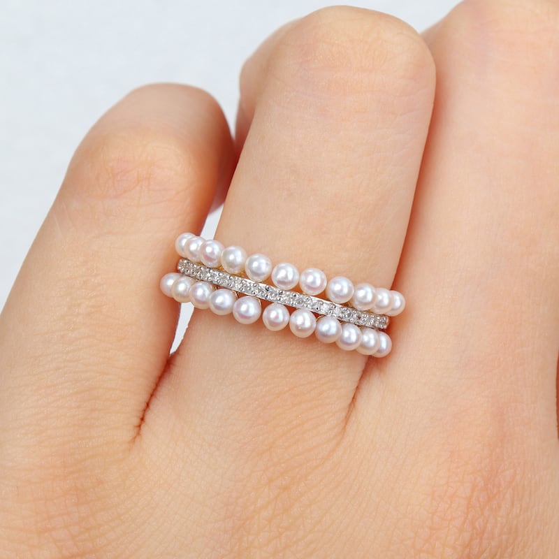 Miadora 2-2.5mm Cultured Freshwater Double-Row Pearl and 1/10ct TDW Diamond Ring in 14k Yellow Gold